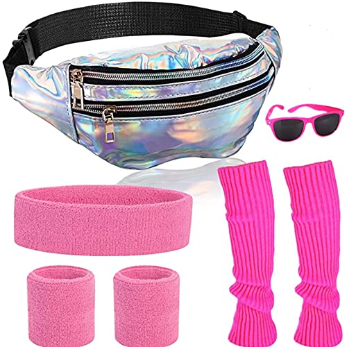 RunFar shop 80er Jahre Kleidung Damen Party Kostüm Silberne Bauchtasche, Rosa Beinwärmer, Rosa Armbänder Stirnband,Brille 80er Jahre Outfit Accessoires Fasching Sport Mädchen Kinder Erwachsener von RunFar shop