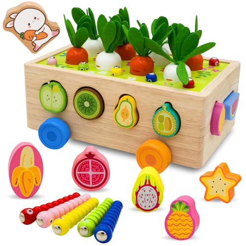 RunHero Montessori Holz Sortierspie Karotten Steckspiel Holzspielzeug ab 1 Jahr Holztiere Motorikspielzeug für Baby Bauernhof Steckspiel Lernspielzeug Geschenke für Kinder von RunHero