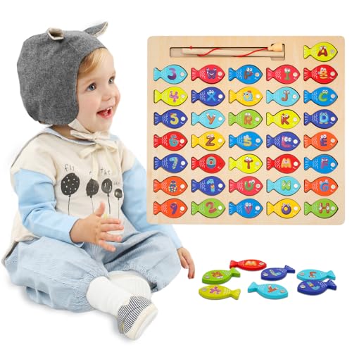 RunHero Magnetisches Holzangelspeilzeug für Kleinkinder - Alphabet-Fischfangspiel mit Zahlen- und Buchstaben-Puzzles, ideal für Vorschul-Lernspaß in ABC und Mathematik für Kinder von 3 bis 5 Jahren von RunHero