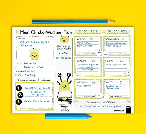 Rundfux® Mein Glücks-Wochenplan | Wochenplaner Block A4 (50 Blatt) - Schreibtischunterlage Kinder Grundschule Terminplaner Kalender Papier von Rundfux