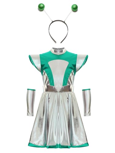 Runhomal Alien Kostüm Mädchen Metallic Holographic Kleid Space Girl Kostüm mit Kopfschmuck Armstulpen Festival Karneval Halloween Verkleidung Grün 134-140 von Runhomal