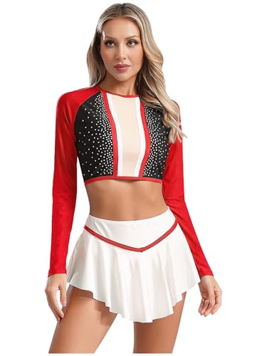 Runhomal Cheer Leader Kostüm Damen Cheerleading Uniform Outfits mit Langarm Bauchfrei Crop Top und Minirock Halloween Tanzkleid Karneval Kostüm Rot S von Runhomal