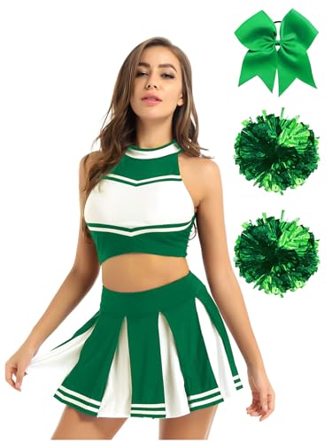 Runhomal Cheerleading Kostüm Damen 4-teiliger Cheerleaderuniform Set Crop Top +Faltenrock + Pompons+Haarband für Karneval Kostüm Grün M von Runhomal