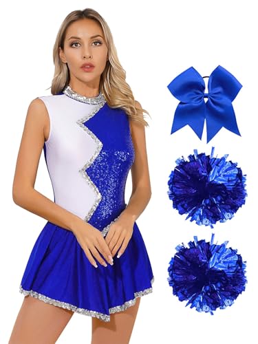 Runhomal Damen Cheerleaderkostüm mit Pompoms Cheerleading Kleid High School Cheerleaderuniform für Halloween Verkleidung Karneval Blau M von Runhomal