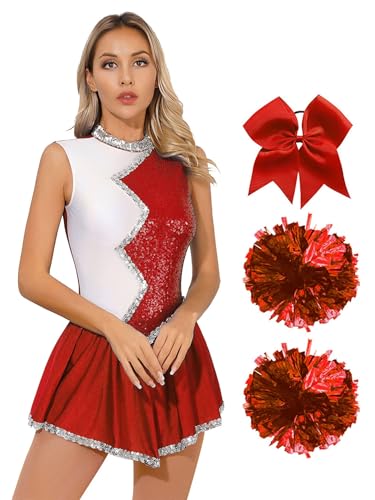 Runhomal Damen Cheerleaderkostüm mit Pompoms Cheerleading Kleid High School Cheerleaderuniform für Halloween Verkleidung Karneval Rot L von Runhomal