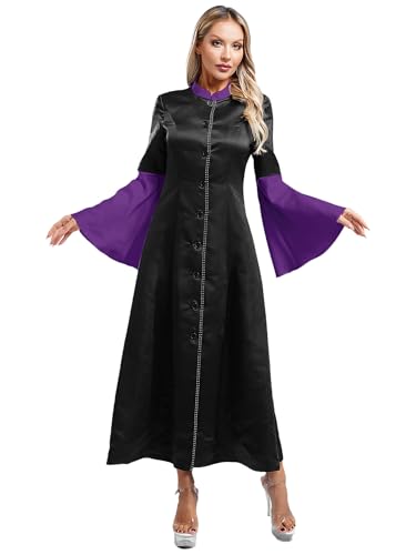 Runhomal Damen Kirche Robe Strass Trim Priesterrobe mit Ausgestellte Ärmel Chor Klerus Priester Robe Taufen Kostüm Mottoparty Karneval Violett M von Runhomal