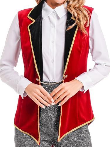 Runhomal Damen Zirkus Kostüm Ärmellos Weste Samt Oberteil Zirkusdirektor Zirkusdirektorin Uniform Tops Party Cosplay Bühnenauftritte Kostüme Rot 3XL von Runhomal