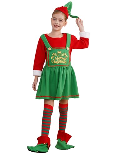 Runhomal Elfe Kostüm Kinder 4-tlg Zauberhaftes Elfen-Outfit Mädchen Weihnachtsfeiern Halloween Cosplay Verkleidung rot grün 110-116 von Runhomal