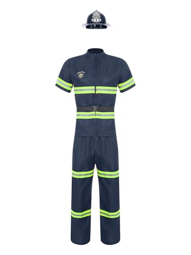 Runhomal Feuerwehrmann-Kostüm 4 Teiliges Herren Feuerwehrmann-Verkleidungsset aus Kunststoffhelm + Jacke + Hose + Gürtel Für Karneval Mottoparty Navy blau XL von Runhomal