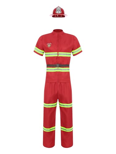 Runhomal Feuerwehrmann-Kostüm 4 Teiliges Herren Feuerwehrmann-Verkleidungsset aus Kunststoffhelm + Jacke + Hose + Gürtel Für Karneval Mottoparty Rot XL von Runhomal