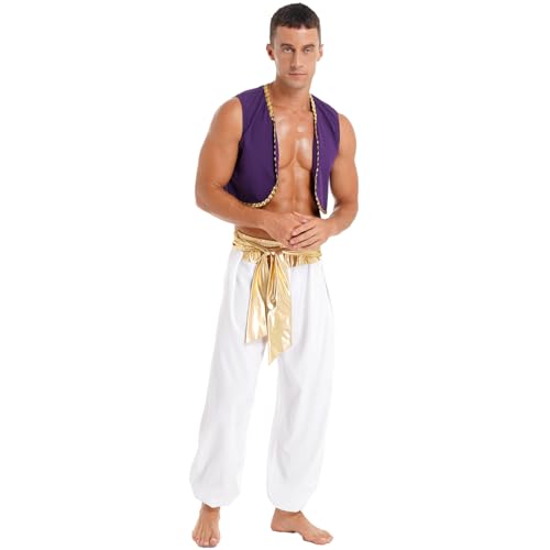 Runhomal Herren Arabischer Prinz Kostüm Aladin Weste Top Ärmellos Oberteil mit Hose Harmehose Halloween Fasching Verkleidung Fasching Karneval Outfits Gold M von Runhomal