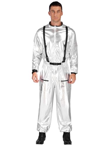 Runhomal Herren Damen Astronauten Kostüm Welt Raumfahrer Jumpsuit Metallic Space Body Langarm Sportbody Ganzkörperanzug Halloween Faschingskostüm Silber 3XL von Runhomal