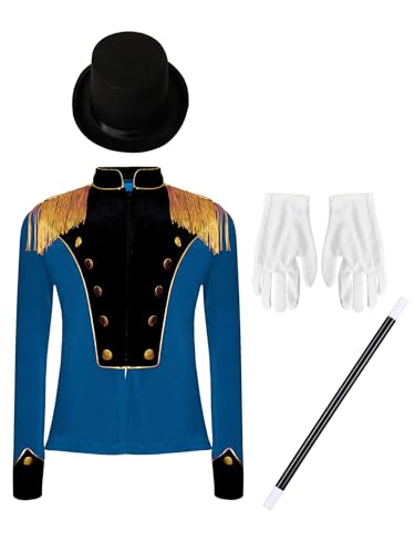 Runhomal Jungen Mädchen Samt Fransen Blazer Jäckchen Zirkus Kostüm Set mit Hut und Handschuhe Kinder Cosplay Smoking Showman Kostüme Dunkelblau 110-116 von Runhomal