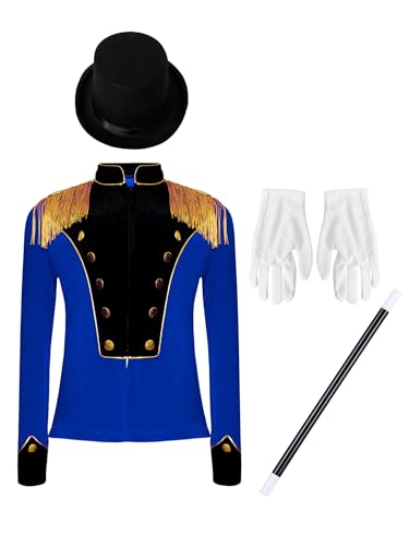 Runhomal Jungen Mädchen Samt Fransen Blazer Jäckchen Zirkus Kostüm Set mit Hut und Handschuhe Kinder Cosplay Smoking Showman Kostüme Königsblau 110-116 von Runhomal