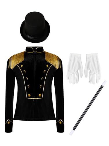 Runhomal Jungen Mädchen Samt Fransen Blazer Jäckchen Zirkus Kostüm Set mit Hut und Handschuhe Kinder Cosplay Smoking Showman Kostüme Schwarz 110-116 von Runhomal