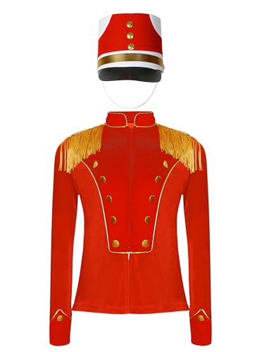 Runhomal Jungen Mädchen Zirkusdirektor Kostüm Langarm Zirkus Jacke Mantel mit Filzhut Set Ringmaster Cosplay Halloween Karneval Verkleidung Rot A 110-116 von Runhomal