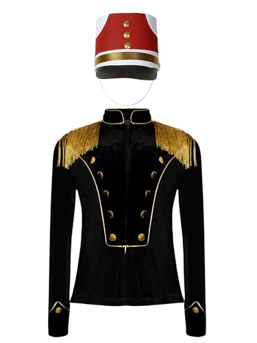 Runhomal Jungen Mädchen Zirkusdirektor Kostüm Langarm Zirkus Jacke Mantel mit Filzhut Set Ringmaster Cosplay Halloween Karneval Verkleidung Schwarz 122-128 von Runhomal