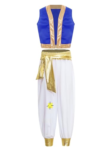 Runhomal Kinder Arabischer Prinz Outfit Weste Und Hose Set Märchen Orient Wüsten Dieb Cosplay Verkleidung Fasching Karneval Kleidung Königsblau 134-140 von Runhomal