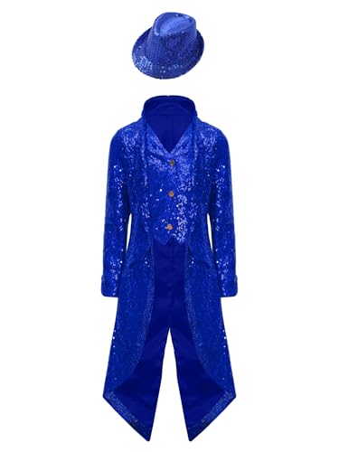 Runhomal Kinder Jungen Vintage Pailletten Steampunk Frack Jacke Mittelalterlicher Gothic Anzugjacke Mit Hut Cosplay Karneval Fasching Halloween Kostüm Königsblau 110-116 von Runhomal