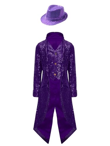 Runhomal Kinder Jungen Vintage Pailletten Steampunk Frack Jacke Mittelalterlicher Gothic Anzugjacke Mit Hut Cosplay Karneval Fasching Halloween Kostüm Violett 110-116 von Runhomal