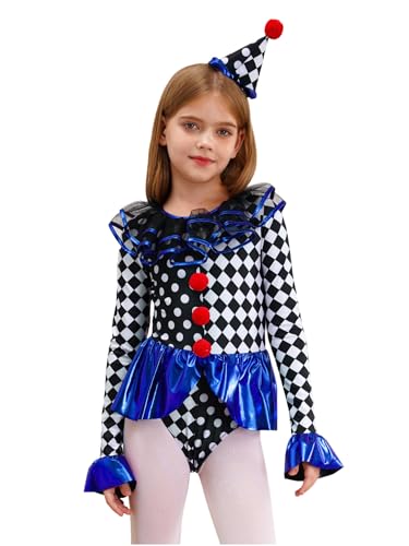 Runhomal Kinder Mädchen Clown Outfits Zirkus Kostüm Kariert Body Overall mit Hut Halloween Kostüm Cosplay Fasching Karneval Party Outfits Königsblau 110-116 von Runhomal