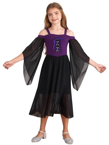 Runhomal Kinder Mädchen Mittelalter Renaissance Gothic Kleid Kalte Schulter Schnürung Front Flowy Kleid für Cosplay Dress Up Halloween Performance Violett 170 von Runhomal