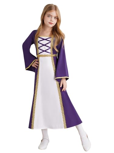 Runhomal Kinder Mädchen Mittelalter Renaissance Gothic Kleid Schnürung Front Flowy Kleid für Cosplay Dress Up Halloween Performance Dunkelviolett 158-164 von Runhomal