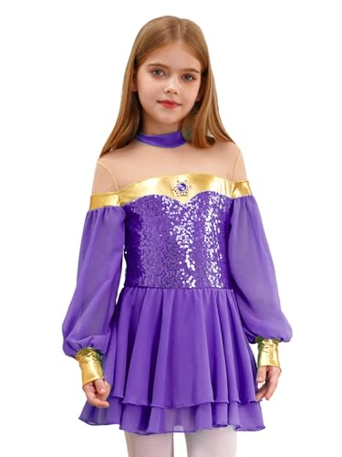 Runhomal Mädchen Arabisch Prinzessin Kostüm Aladin Kleid Pailletten Gymnastik Ballettanzug Tüll Dancewear kinder Halloween Karneval Fasching Kostüm Violett 122-128 von Runhomal