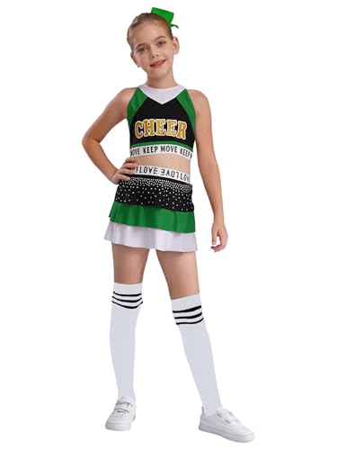 Runhomal Mädchen Cheerleading Set Mit Crop Top West und Rock Pompoms Socken Haarband Cheer Leader Uniform Halloween Faschingkostüm Karneval Kostüm Schwarz Grün 110-116 von Runhomal