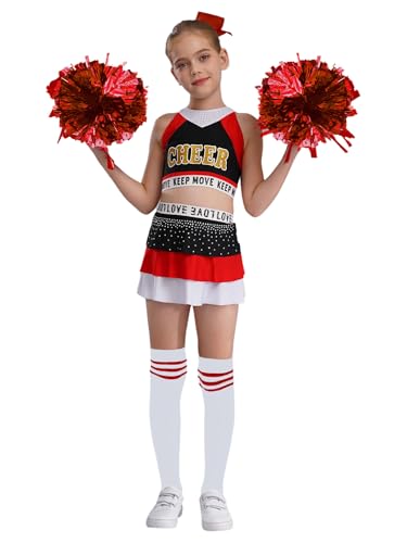 Runhomal Mädchen Cheerleading Set Mit Crop Top West und Rock Pompoms Socken Haarband Cheer Leader Uniform Halloween Faschingkostüm Karneval Kostüm Schwarz Rot 110-116 von Runhomal