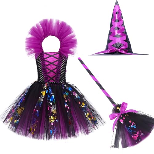 Runhomal Mädchen Halloween Hexe Kostüm mit Hexenhut Hexenbesen Kinder Gothic Tutu Kleid Glitzer Karneval Fasching Halloween Kostüm Set Violett 140-152 von Runhomal