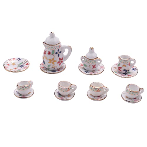 Runioney 15 Stueck Miniatur Puppenhaus Geschirr Porzellan Tee Set Geschirr Cup Teller Blumendruck von Runioney