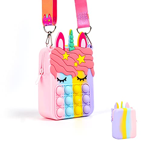 Einhorn Pop It Tasche, Silikon Popit Münzgeldbörse Fidget Tasche für Mädchen mit verstellbarem Schultergurt Pop It Geldbörse, Fidget Popper Poppet Tasche für Angst, Autismus, Geschenke, Schulbedarf von Runmeihe