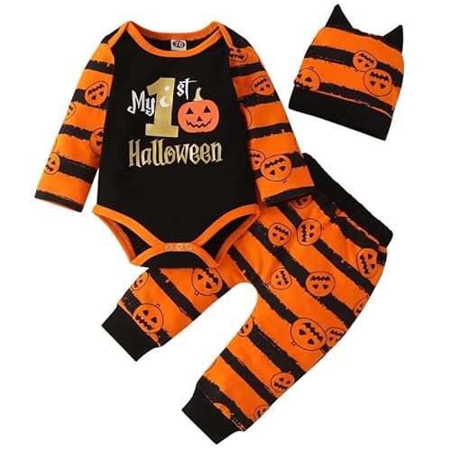 Runstarshow Baby-Halloween-Outfits, 3 Stück, Halloween-Stil, Kleidung, Kleinkind, Halloween-Kostüm, niedliches Kürbis-Outfit, Römerhose, Hut für Neugeborene, Unisex von Runstarshow