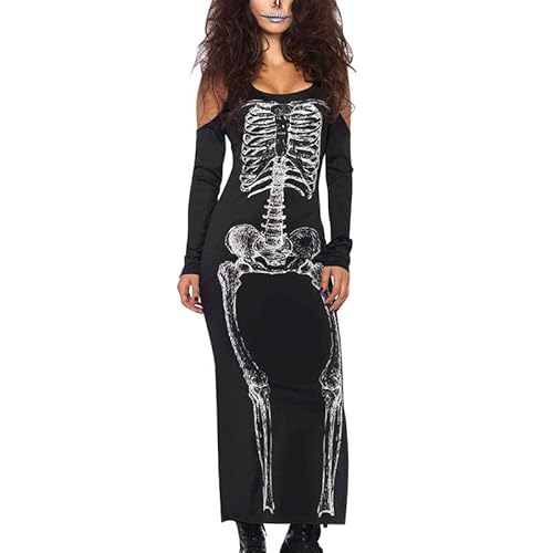 Runstarshow Halloween-Kostüme für Erwachsene, Damen, Skelett, bedrucktes Kleid, Gothic-Kleid, Totenkopf-Motiv, Zombie-Geisterbraut-Kostüme, gruselige Halloween-Outfits von Runstarshow