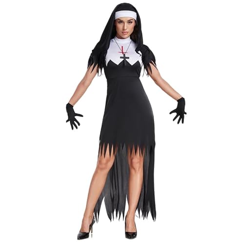 Runstarshow Nonnenkostüm für Damen, gruseliges Halloween-Outfit, religiöses Kostüm, Erwachsene, 4 Stück, böse Nonnen-Accessoires, Kreuz-Halskette, Gothic-Kleid-Handschuhe, Nonnen-Kopfbedeckung, von Runstarshow