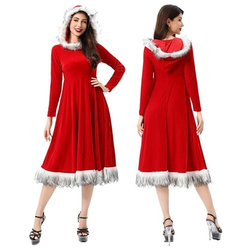 Runstarshow Weihnachtsmann-Kostüm für Damen, Weihnachtsmann-Kostüm, rot, Miss Santa Outfit, Weihnachtsparty, Samt-Kapuzenkleid, Damen-Weihnachts-Kostüm, Übergröße, M-XL von Runstarshow