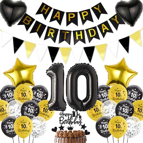 10. Geburtstag Junge Schwarz Gold Luftballons - Happy Birthday Banner Wimpel Girlande XXL Zahlenballons Konfetti Luftballons Tortendeko, Herzen Sterne Folienballon für Mädchen 10. Geburtstagsdeko von Runyuzi