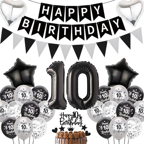 10. Geburtstag Junge Schwarz Silber Luftballons - Happy Birthday Banner Wimpel Girlande XXL Zahlenballons Konfetti Luftballons Tortendeko, Herzen Sterne Folienballon für Mädchen 10. Geburtstagsdeko von Runyuzi