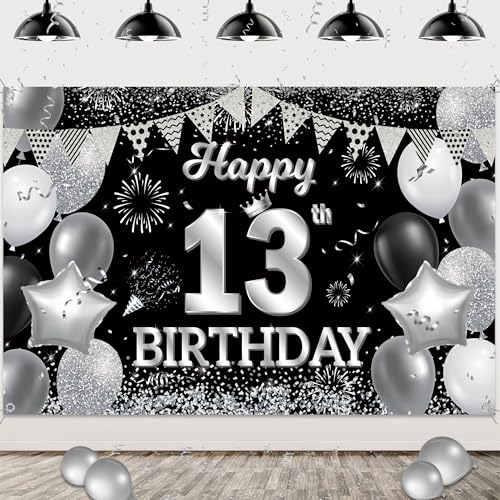 13 Geburtstag Deko MäDchen Jungen - Happy 13th Birthday Banner Hintergrund Schwarz Silber, Extragroß Geburtstagsbanner aus Stoff für Kinder 13 Jahre Drinnen Draußen (180 X 110cm) von Runyuzi