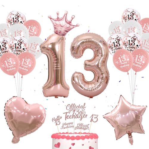 13. Geburtstag Rosegold Luftballon Mädchen - 28 Stücke offizielle Teenager 13. Geburtstag Deko Nummer 13 Luftballons Herz Stern Folienballon 13. Tortendeko für Mädchen 13. Geburtstag Party Deko von Runyuzi