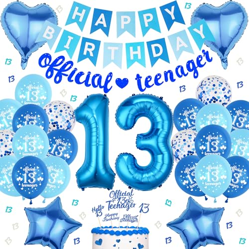 Offizielle Teenager 13. Geburtstag Deko Blau - 66 Stück 13. Geburtstag Deko Zahlen 13 Folienballon HAPPY BIRTHDAY Banner OFFICIAL TEENAGER Banner Herzballon für Jungen Mädchen Deko 13. Geburtstag von Runyuzi