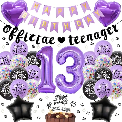 Offizielle Teenager 13. Geburtstag Dekoration - 66 Stück 13 Jahre Mädchen Geburtstagsdeko Schwarz lila Ballons Stern Herz Folienballon Happy Birthday Banner Tortendeko Topper für 13. Geburtstag Deko von Runyuzi