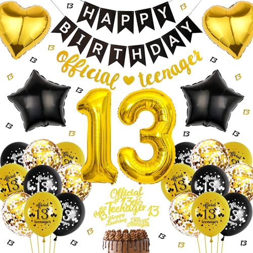 13. Geburtstag Deko Schwarz Gold - 66 Stück 13. Teenager Geburtstag Deko Zahlen 13 Folienballon HAPPY BIRTHDAY Banner OFFICIAL TEENAGER Banner Herzballon für Jungen Mädchen Deko 13. Geburtstag von Runyuzi