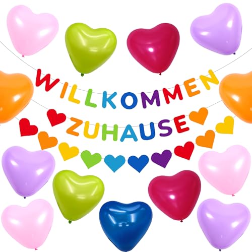 41 Stück Willkommen Zuhause Deko - Buntes Willkommen Zuhause Filzfahnen Banner, Herzförmige Girlande, Herzförmige Luftballons, für Welcome Back Home Party Dekorationen, Familie Einweihung Party von Runyuzi