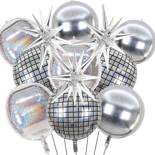 Disco Party Luftballons Deko Silber - 12 Stück Disco Ballons 22 Zoll Silber 4D Ballon holografischer Disco Ballon Explosion Stern Folienballons für 70er 80er 90er Disco Fever Party für Jungen Mädchen von Runyuzi