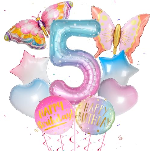 5 Jahre Schmetterling Geburtstag Deko - 9 Stück Schmetterlinge Deko Zahl 5 Folienballon Gradient Bunte Schmetterling FolienBallon Stern Herz Folie Ballon für Geburtstag Deko Kinder Mädchen 5 Jahre von Runyuzi