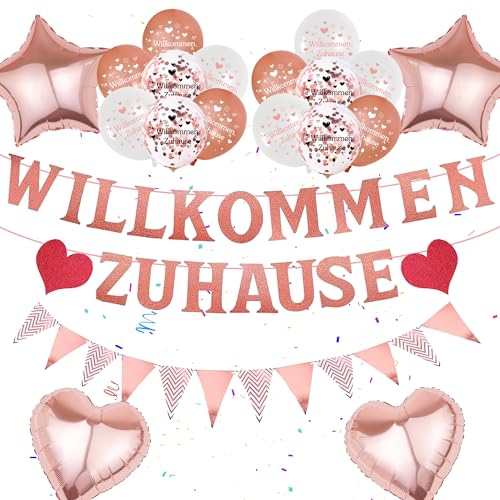 51 Stück Willkommen Zuhause Deko - Rosé Goldene Glitzer Brief Banners, Wimpel Banners Herz Ballon Stern Folienballon für Kinder Erwachsene Welcome Back Home Party Dekorationen Familie Einweihung Party von Runyuzi