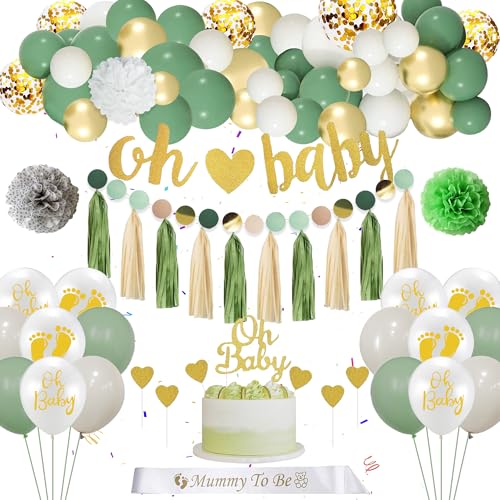 Baby Shower Deko Grüne Gold - 97 Stück Babyparty Deko für Junge Mädchen , Oh Baby Banner Papierblumen Kuchendekorationen Schulterriemen Latexballons für Geburtstag Party, Babyparty, Hochzeit Deko von Runyuzi