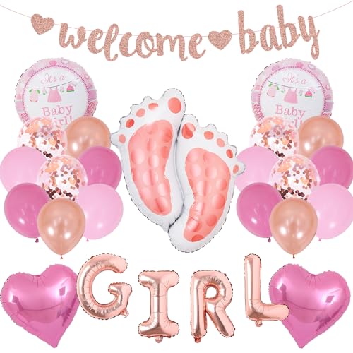 Baby Shower Dekoratione Mädchen Rosa - 38 Stück Babyparty Deko, Welcome Baby Glitzerbanner, Fußfolienballons, Herzen Und Runde Folienballons für Mädchen Baby Shower Gender Reveal Party Dekoration von Runyuzi